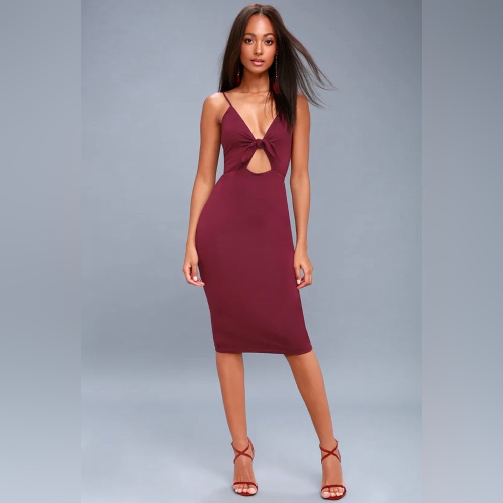 NEW Lulus Love Me Knot Burgundy Bodycon Midi Dress